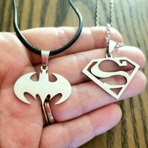 2pc Batman & Superman Necklace Set, Men's Necklaces, Couples, Father Son Gift